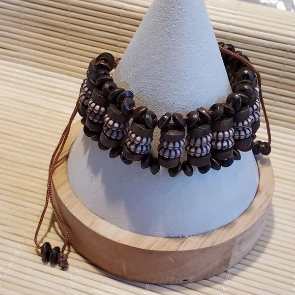 Vintage 90s Y2K Brown Wood Acrylic Rondelle Beads OSFA Adjustable Bracelet - Picture 5 of 9